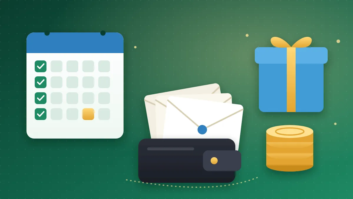 Illustration of a wallet with plain envelopes, a gift box, a calendar page with checked days and a short stack of coins on a green background